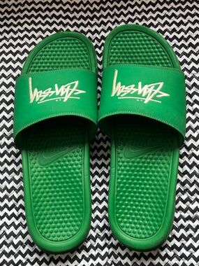 Stussy X Nike Benassi green slides size 11